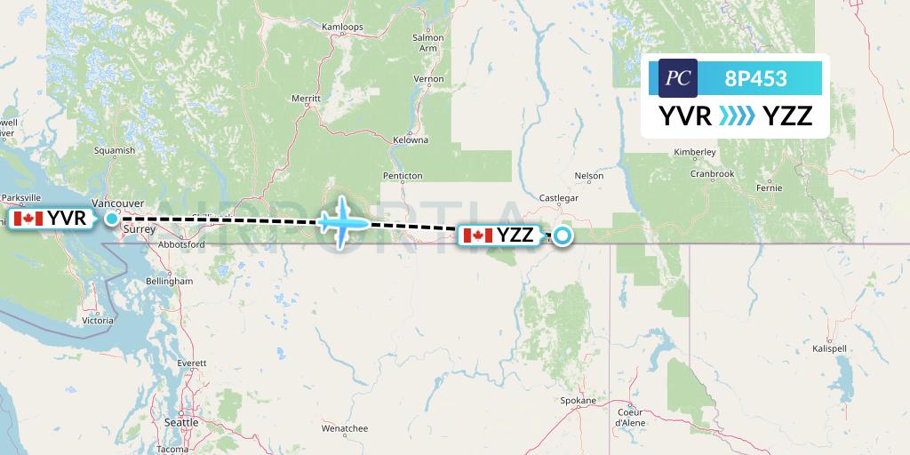 8P453 Pacific Coastal Airlines Flight Map: Vancouver to Trail