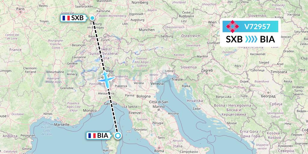 V72957 Volotea Flight Map: Strasbourg to Bastia