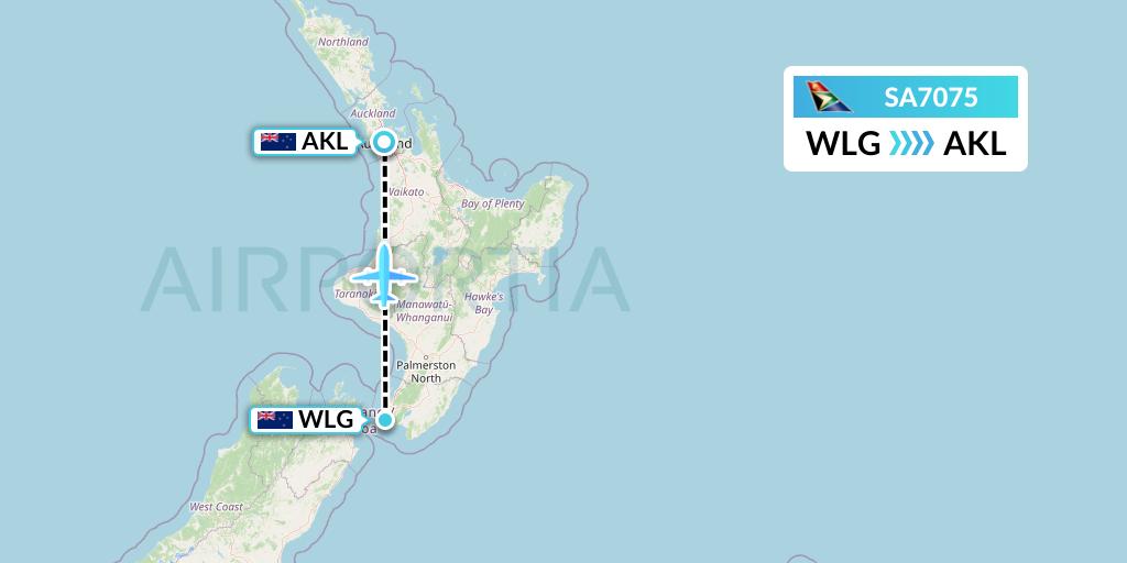 SA7075 South African Airways Flight Map: Wellington to Auckland