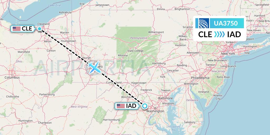 UA3750 United Airlines Flight Map: Cleveland to Washington