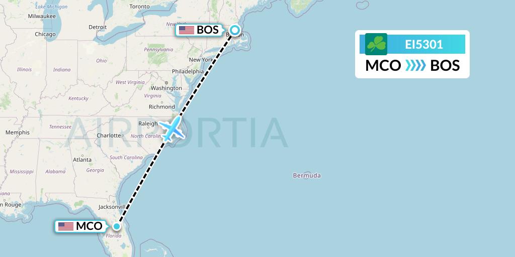 EI5301 Aer Lingus Flight Map: Orlando to Boston