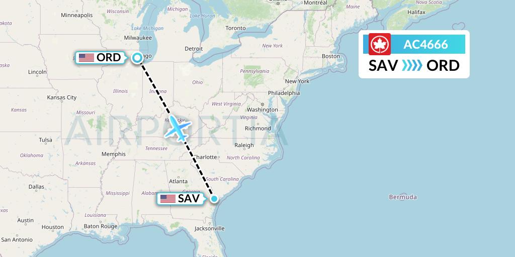 AC4666 Air Canada Flight Map: Savannah to Chicago