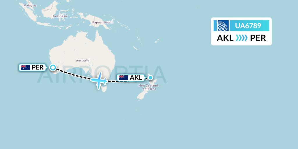 UA6789 United Airlines Flight Map: Auckland to Perth