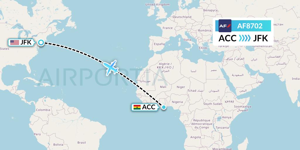 AF8702 Air France Flight Map: Accra to New York