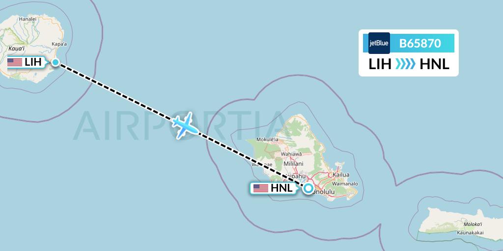 B65870 JetBlue Airways Flight Map: Lihue to Honolulu