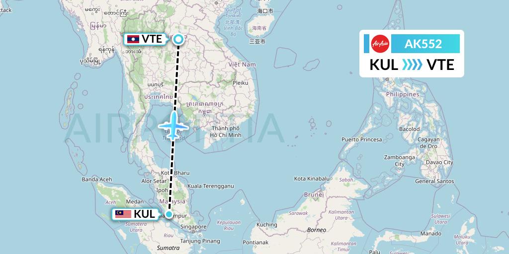 AK552 AirAsia Flight Map: Kuala Lumpur to Vientiane