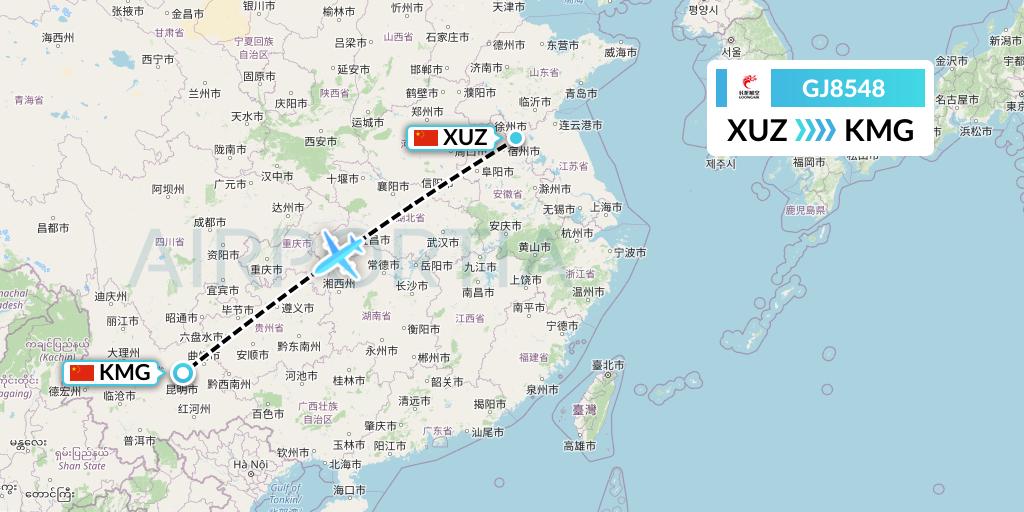 GJ8548 Loong Airlines Flight Map: Xuzhou to Kunming