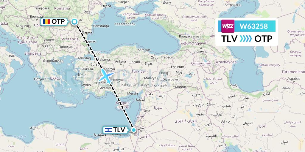 W63258 Wizz Air Flight Map: Tel Aviv to Bucharest