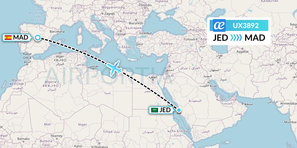 UX3892 Air Europa Flight Map: Jeddah to Madrid