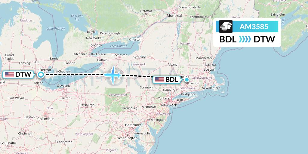 AM3585 Aeromexico Flight Map: Windsor Locks to Detroit