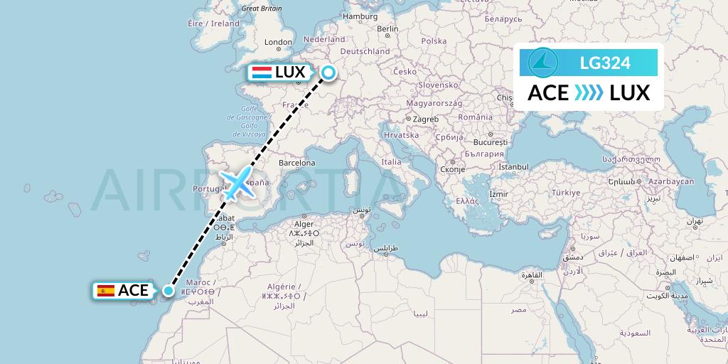 LG324 Luxair Flight Map: Lanzarote to Luxembourg