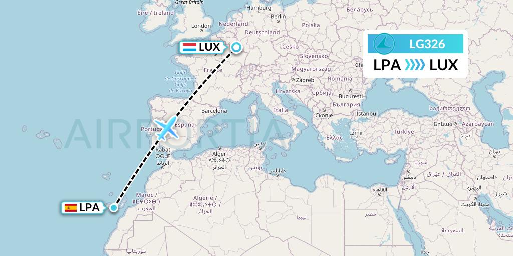LG326 Luxair Flight Map: Las Palmas to Luxembourg