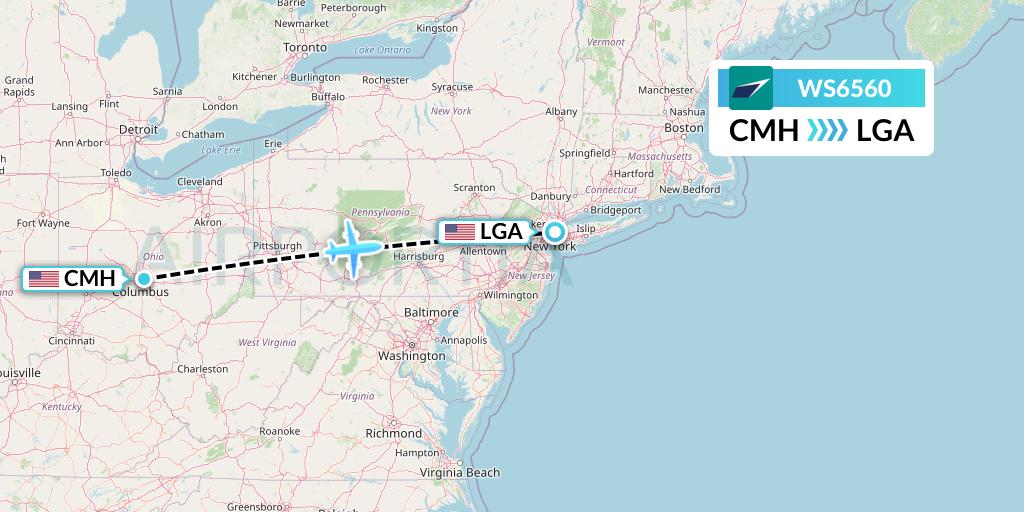 WS6560 WestJet Flight Map: Columbus to New York