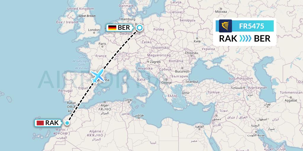 FR5475 Ryanair Flight Map: Marrakesh to Berlin