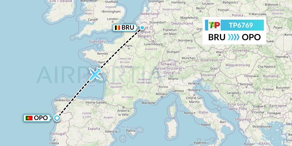 TP6769 TAP Portugal Flight Map: Brussels to Porto