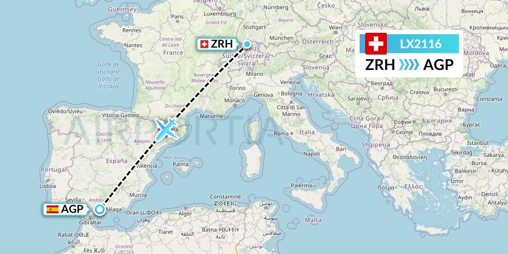 LX2116 Swiss Flight Map: Zurich to Malaga