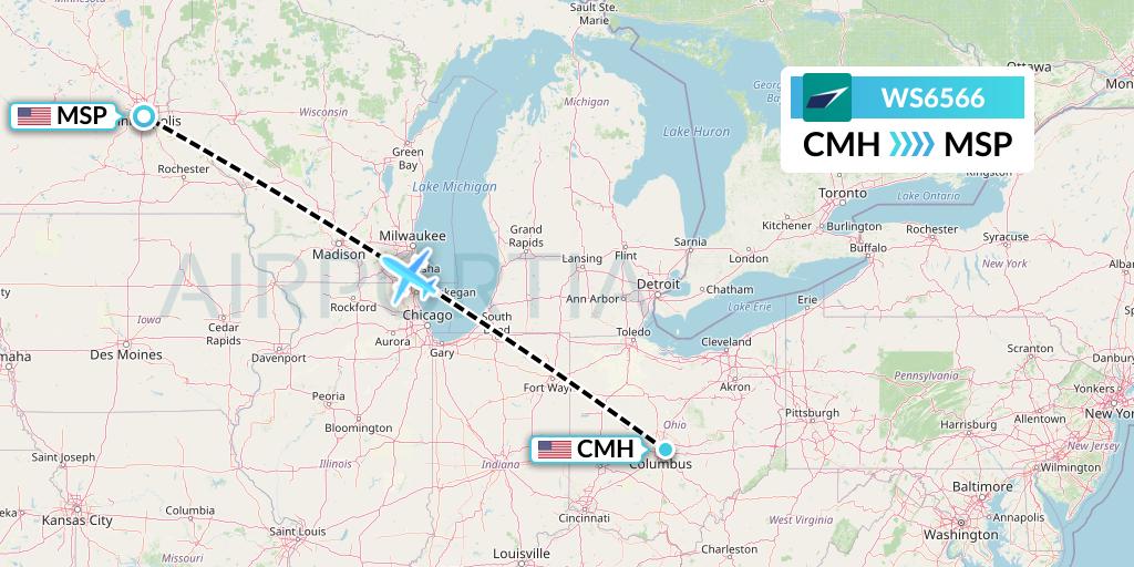 WS6566 WestJet Flight Map: Columbus to Minneapolis