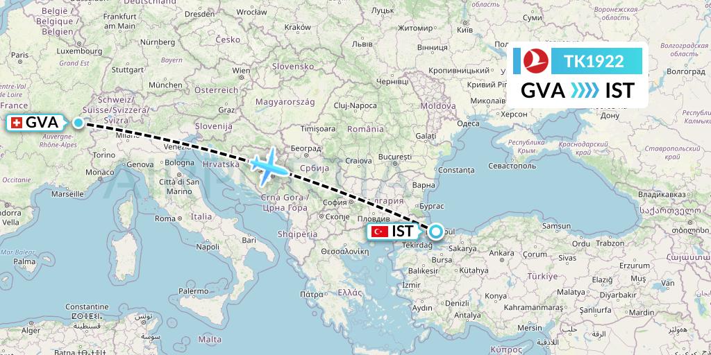 TK1922 Turkish Airlines Flight Map: Geneva to Istanbul