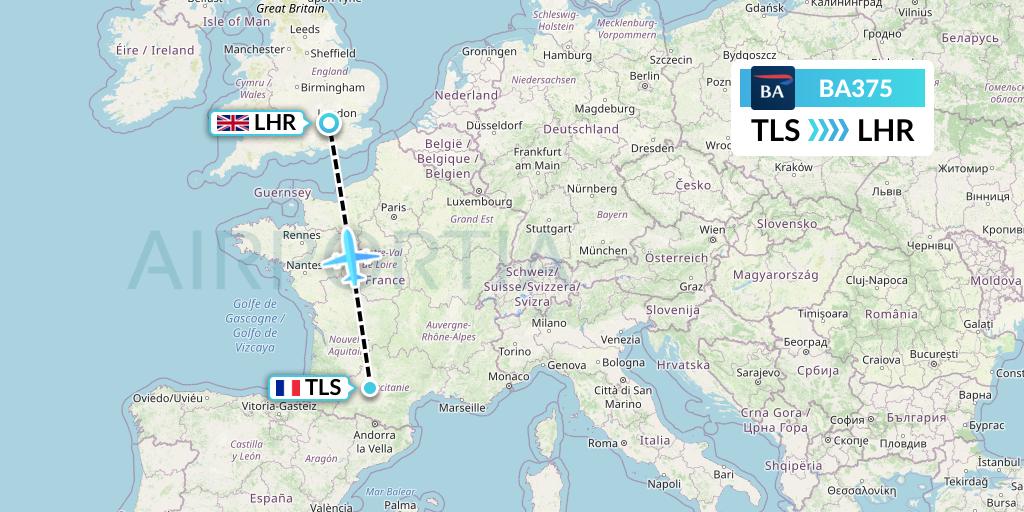 BA375 British Airways Flight Map: Toulouse to London