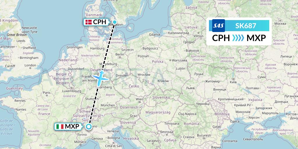 SK687 SAS Flight Map: Copenhagen to Milan