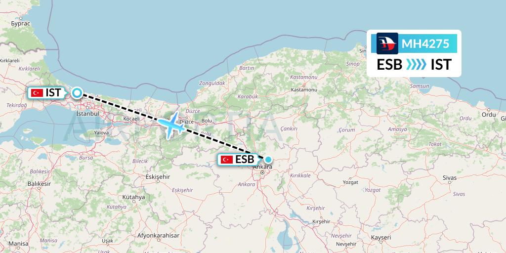 MH4275 Malaysia Airlines Flight Map: Ankara to Istanbul