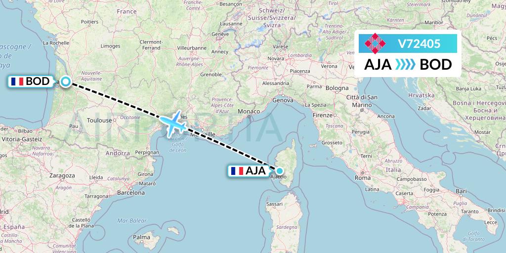 V72405 Volotea Flight Map: Ajaccio to Bordeaux
