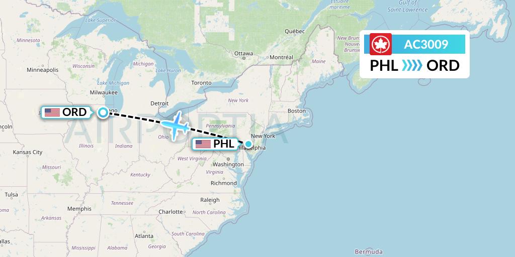 AC3009 Air Canada Flight Map: Philadelphia to Chicago