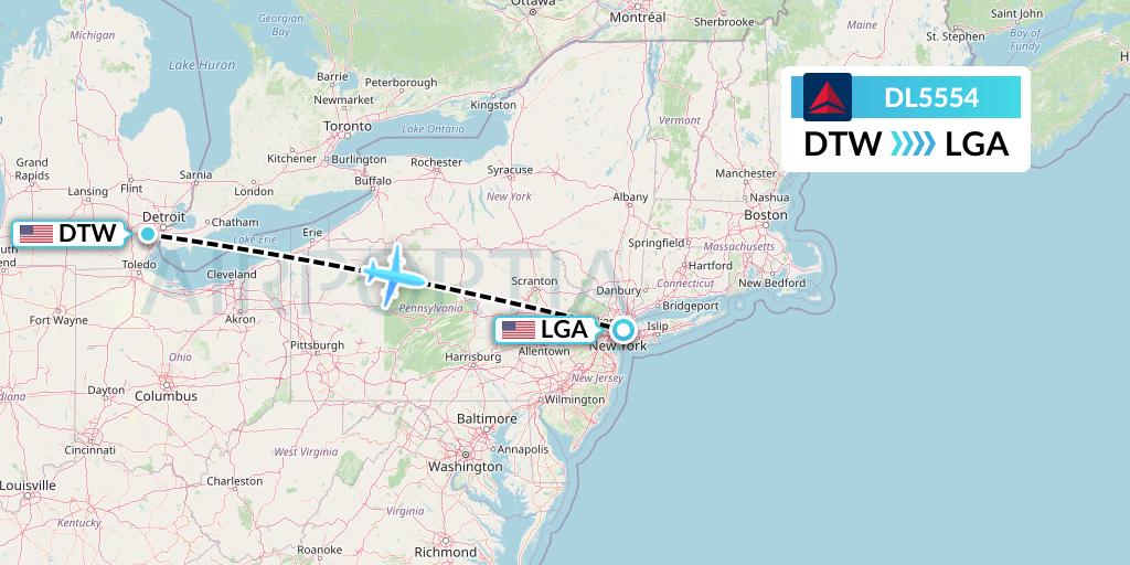 DL5554 Delta Air Lines Flight Map: Detroit to New York