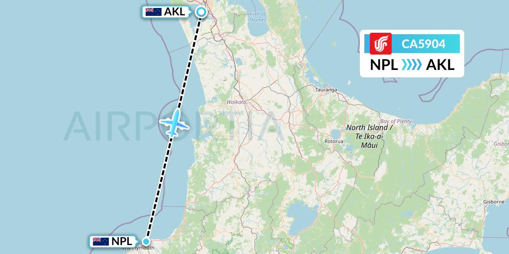 CA5904 Air China Flight Map: New Plymouth to Auckland