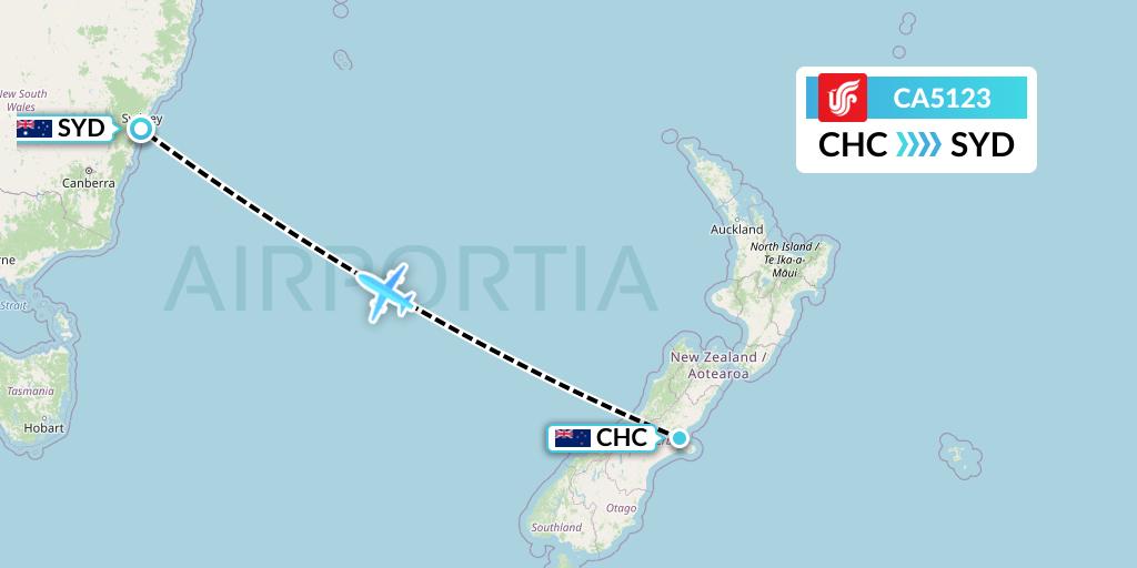 CA5123 Air China Flight Map: Christchurch to Sydney
