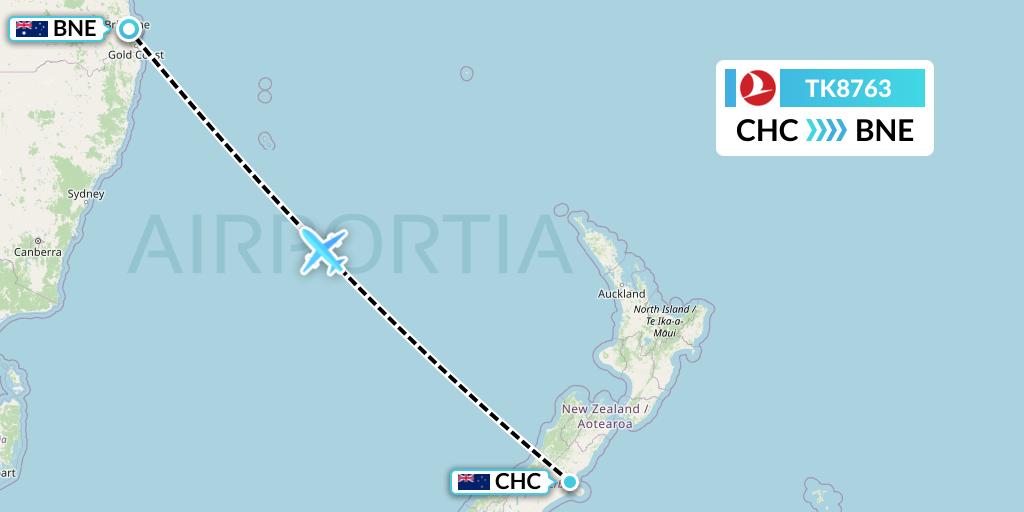 TK8763 Turkish Airlines Flight Map: Christchurch to Brisbane