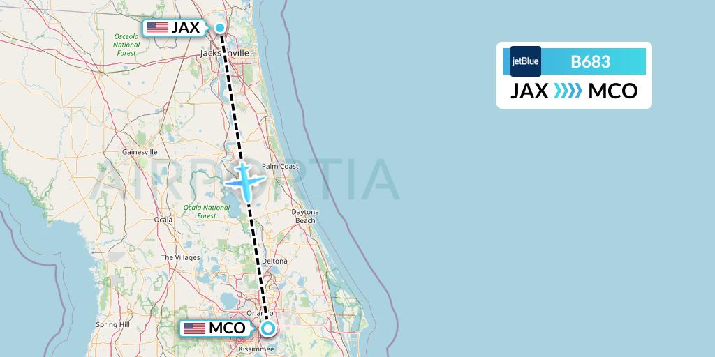 B683 JetBlue Airways Flight Map: Jacksonville to Orlando