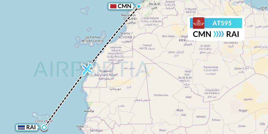 AT595 Royal Air Maroc Flight Map: Casablanca to Praia