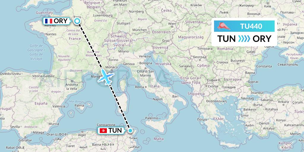 TU440 Tunisair Flight Map: Tunis to Paris