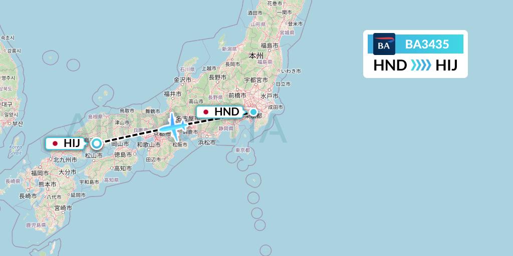 BA3435 British Airways Flight Map: Tokyo to Hiroshima