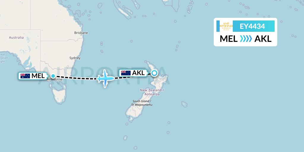 EY4434 Etihad Airways Flight Map: Melbourne to Auckland