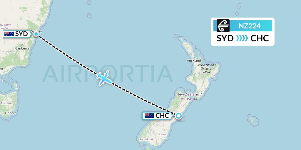 NZ224 Air New Zealand Flight Map: Sydney to Christchurch