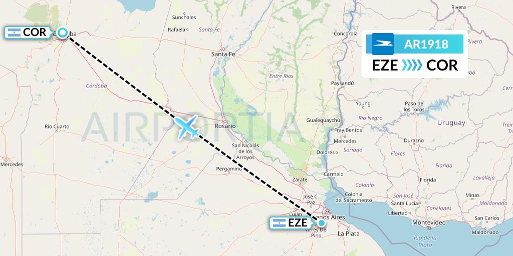 AR1918 Aerolineas Argentinas Flight Map: Buenos Aires to Cordoba