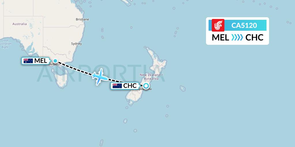 CA5120 Air China Flight Map: Melbourne to Christchurch