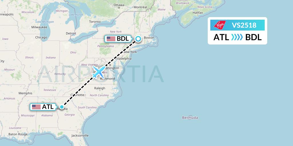 VS2518 Virgin Atlantic Airways Flight Map: Atlanta to Windsor Locks