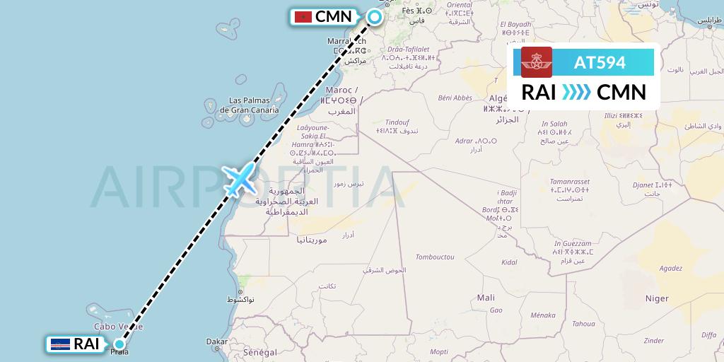 AT594 Royal Air Maroc Flight Map: Praia to Casablanca