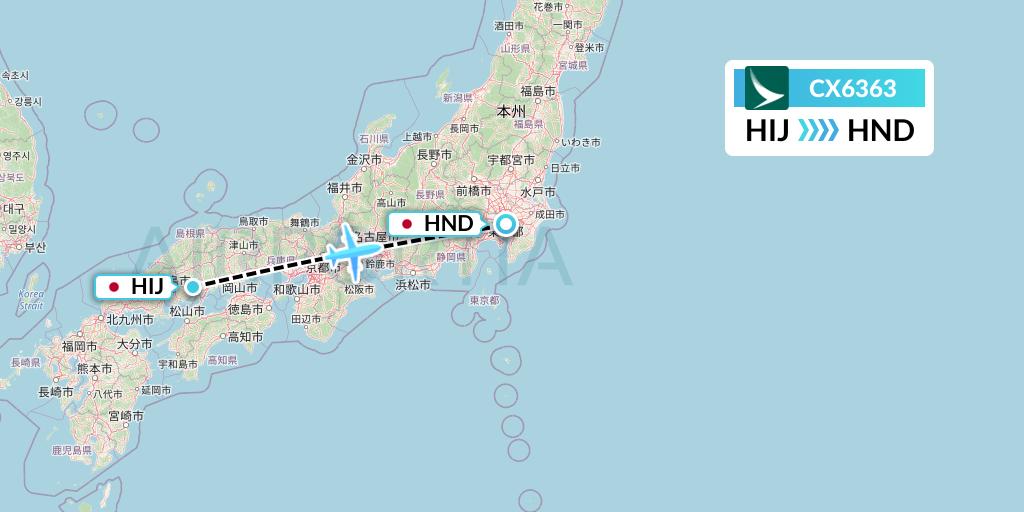 CX6363 Cathay Pacific Flight Map: Hiroshima to Tokyo
