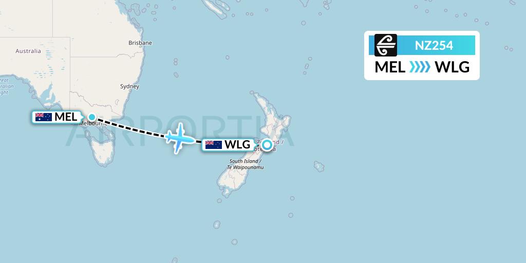 NZ254 Air New Zealand Flight Map: Melbourne to Wellington
