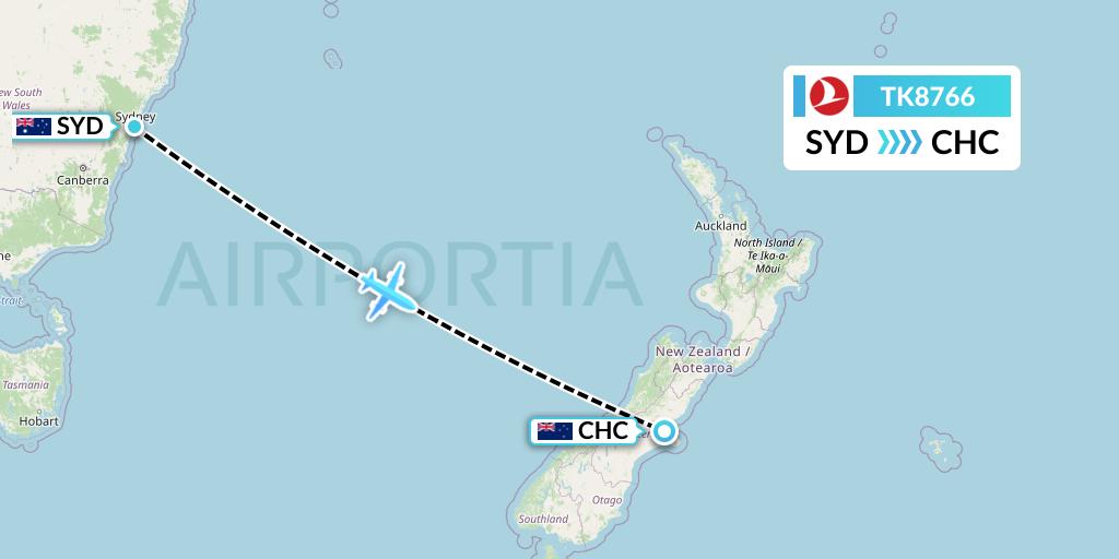 TK8766 Turkish Airlines Flight Map: Sydney to Christchurch