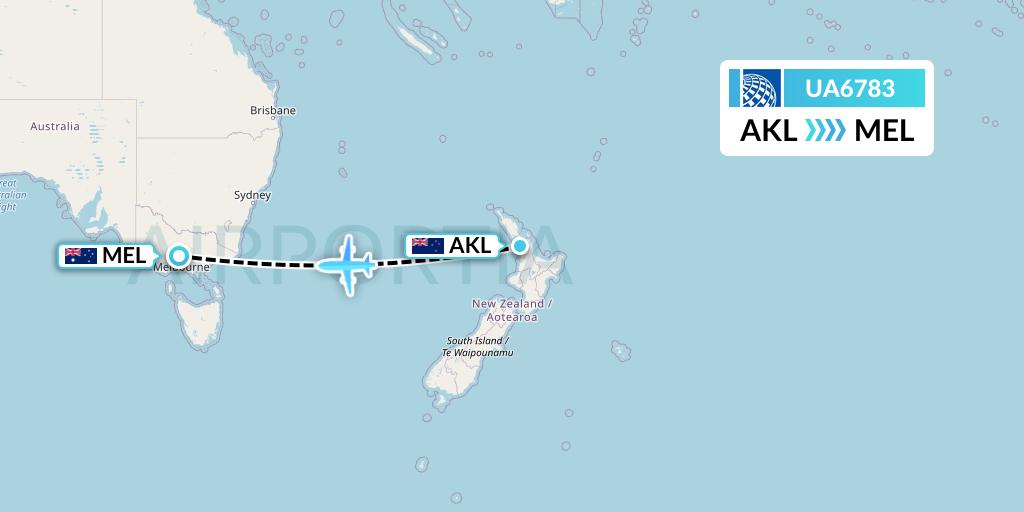 UA6783 United Airlines Flight Map: Auckland to Melbourne