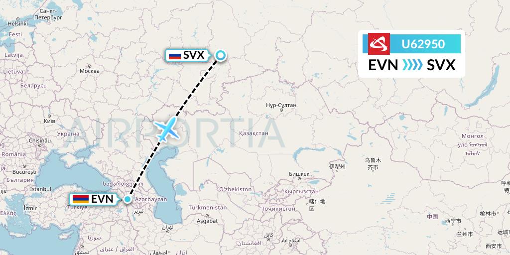 U62950 Ural Airlines Flight Map: Yerevan to Yekaterinburg