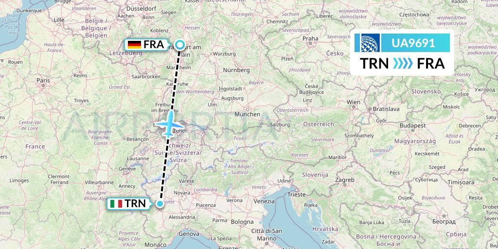 UA9691 United Airlines Flight Map: Turin to Frankfurt