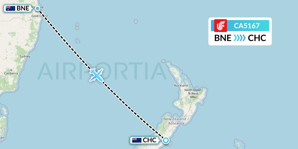 CA5167 Air China Flight Map: Brisbane to Christchurch