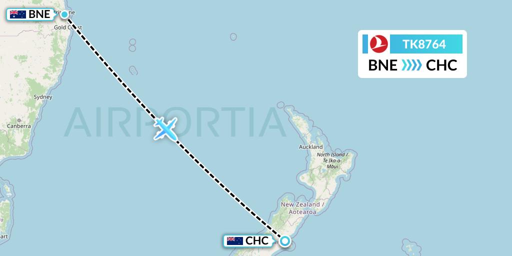 TK8764 Turkish Airlines Flight Map: Brisbane to Christchurch