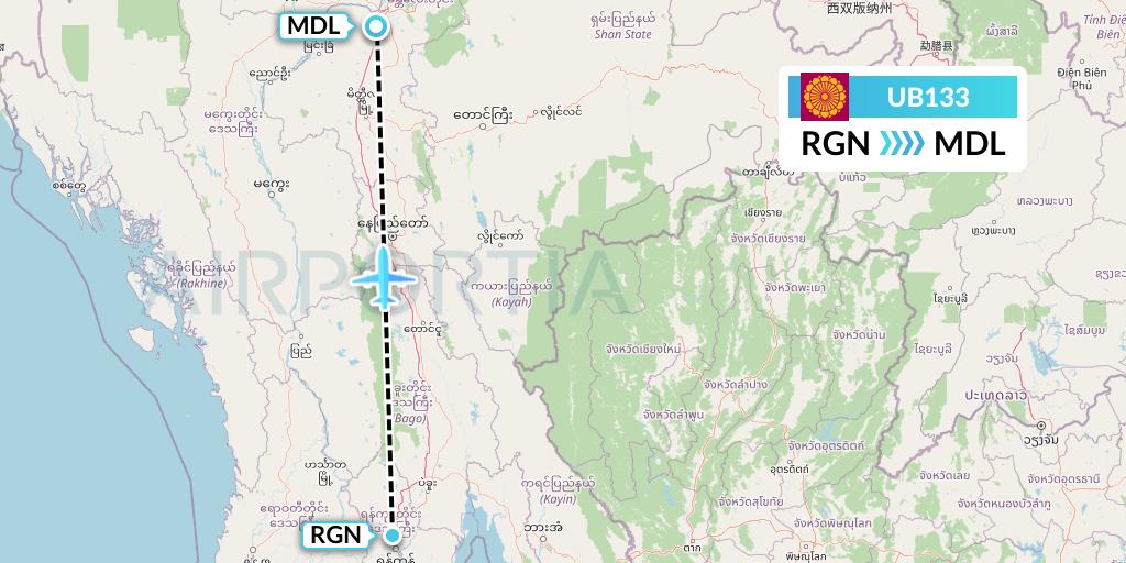 UB133 Myanmar National Airlines Flight Map: Yangon to Mandalay